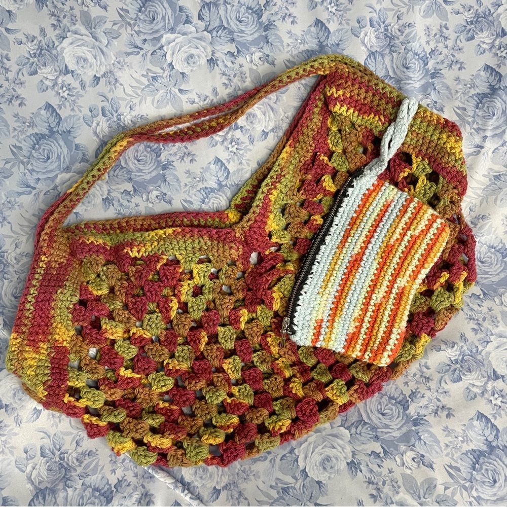 Hand Crochet Purse Green Yellow Red 70s Grandma Aesthetic Retro Hippy Boho Artsy